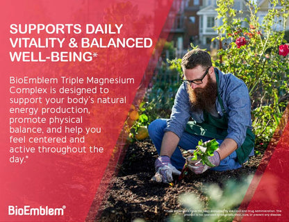 BioEmblem Triple Magnesium Complex - 300mg Mg Glycinate, Malate & Citrate | Vegan, Non-GMO | 90 Capsules
