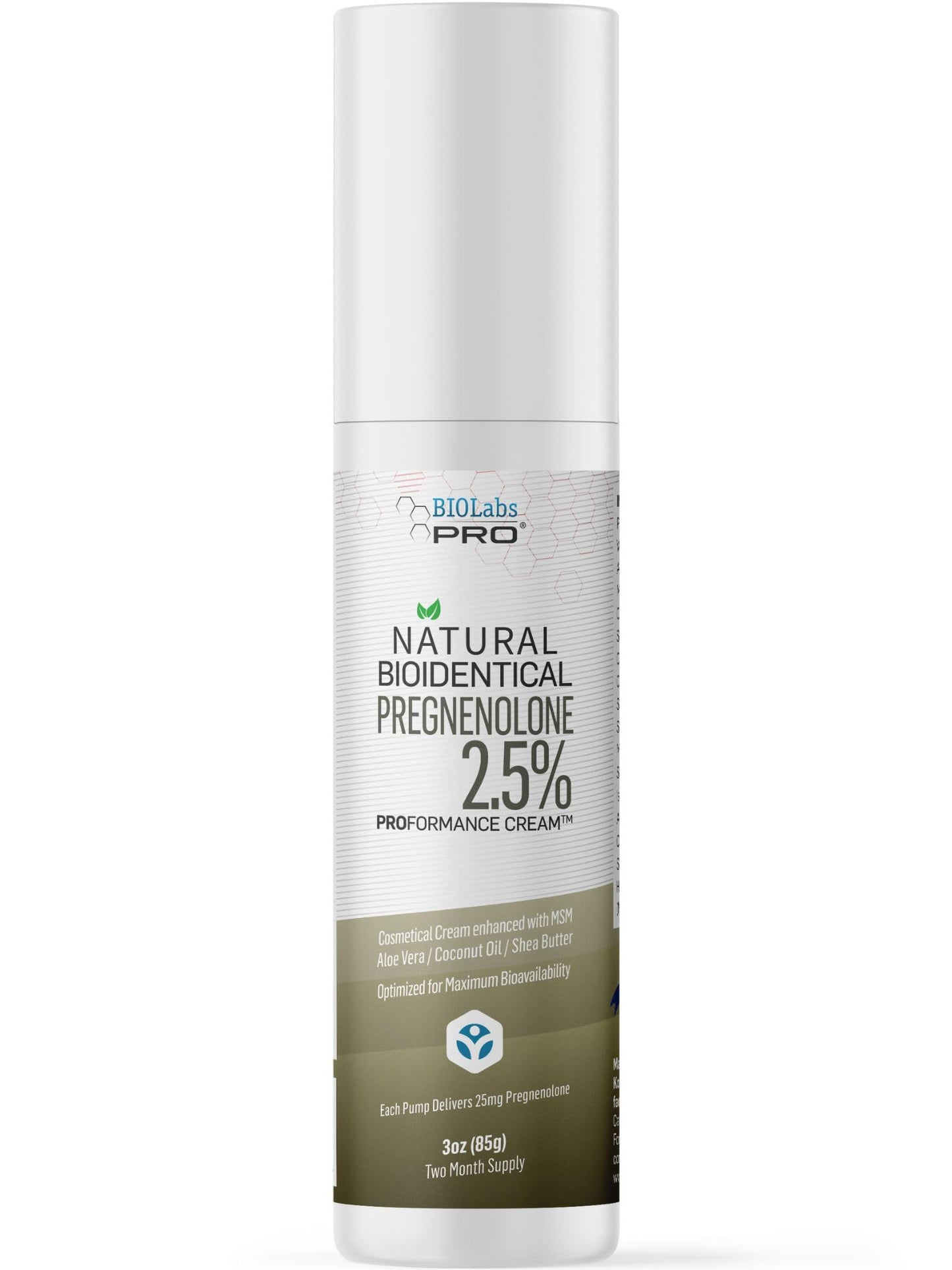 BIOLABS PRO Pregnenolone Cream 2.5% – All-Natural Bioidentical, 3oz Unscented, Two-Month Supply