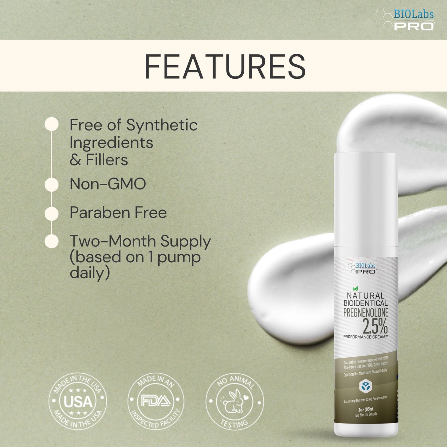 BIOLABS PRO Pregnenolone Cream 2.5% – All-Natural Bioidentical, 3oz Unscented, Two-Month Supply