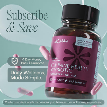 BIOMA Feminine Health Synbiotic – Probiotics, Cranberry & Tributyrin for Vaginal pH, Urinary & Digestive Support | 60 Capsules