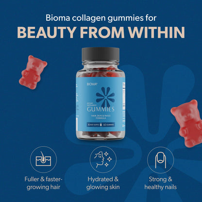 BIOMA Hair, Skin & Nails Beauty Gummies – Biotin, Collagen, Zinc & Vitamins C & E | Gluten-Free | 60 Gummies (30-Day Supply)