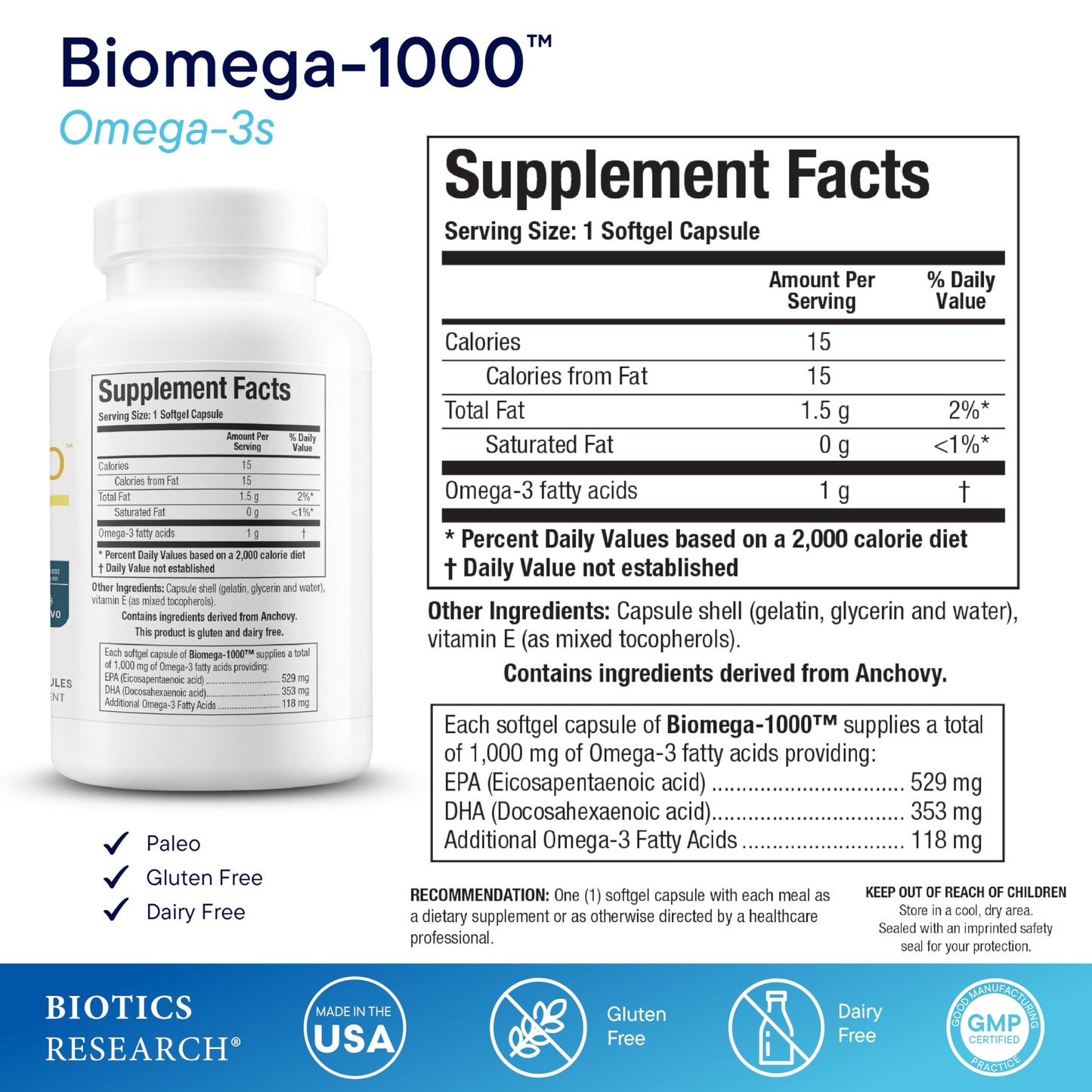Biotics Research Biomega-1000 Omega-3 Fish Oil – EPA 529 mg / DHA 353 mg | 1000 mg per Serving, 90 Softgels