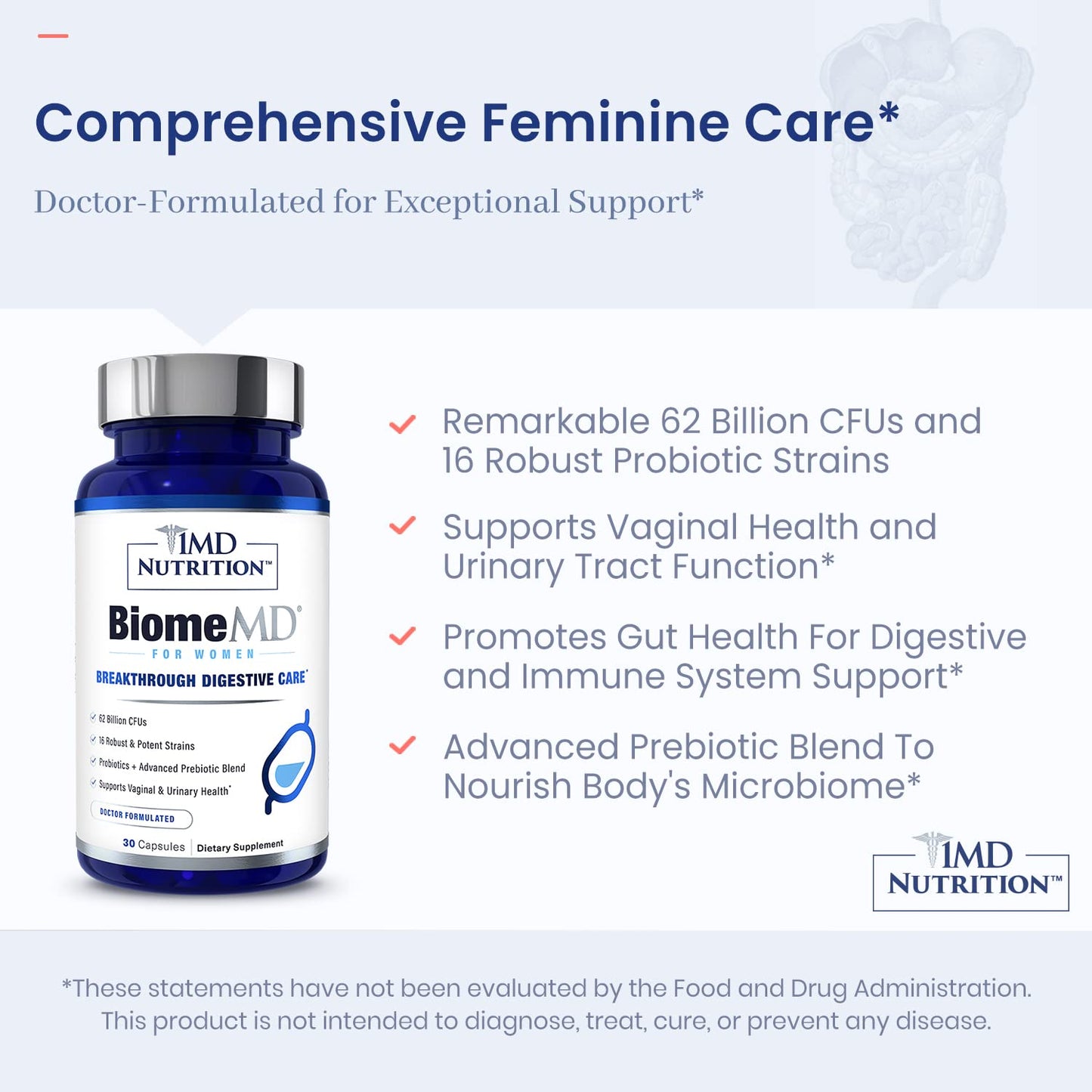 BiomeMD Probiotics for Women — 62B CFUs, 16 Strains + Prebiotics | Doctor-Formulated | 2-Pack
