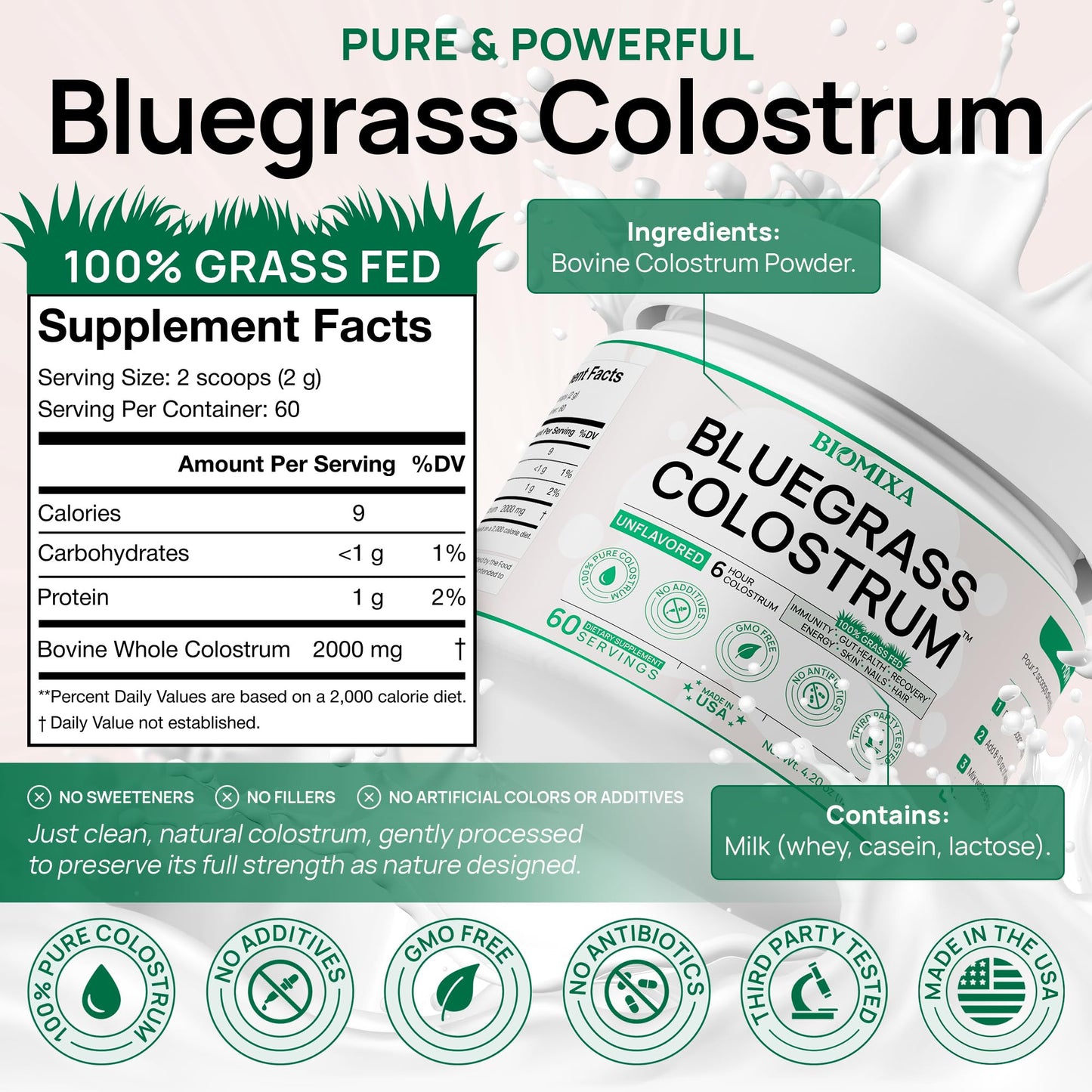 Bovine Colostrum Supplement – 100% Pure, Grass-Fed, Unflavored (60 Servings) | Made in USA