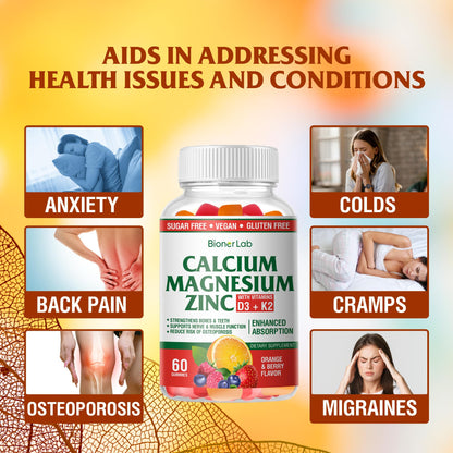 BionerLab Calcium Magnesium Zinc Gummies – Vitamin D3 & K2, High Potency
