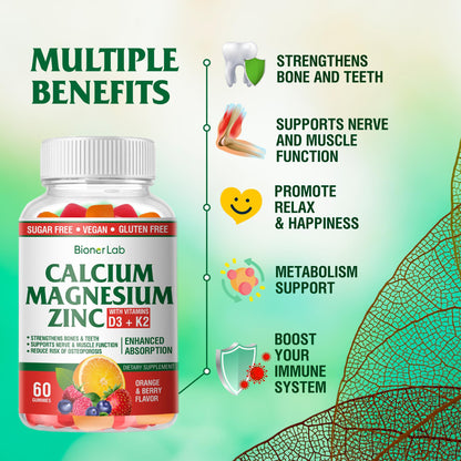 BionerLab Calcium Magnesium Zinc Gummies + Vitamin D3 & K2 — High Potency, Orange & Berry Flavor