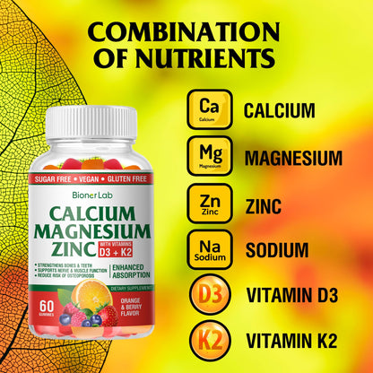 BionerLab Calcium Magnesium Zinc Gummies – Vitamin D3 & K2, High Potency