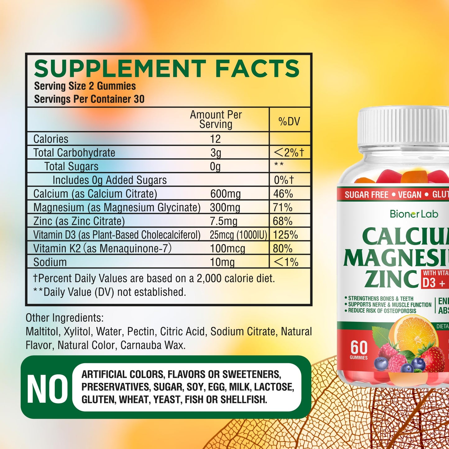 BionerLab Calcium Magnesium Zinc Gummies + Vitamin D3 & K2 — High Potency, Orange & Berry Flavor