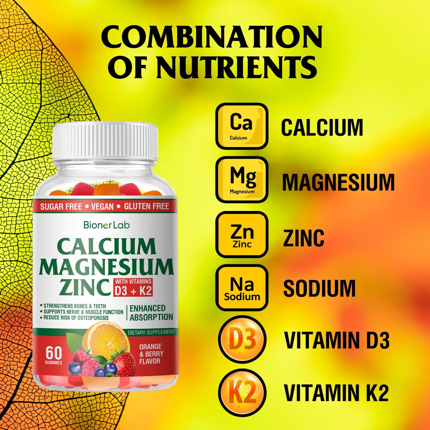 BionerLab Calcium Magnesium Zinc Gummies + Vitamin D3 & K2 — High Potency, Orange & Berry Flavor