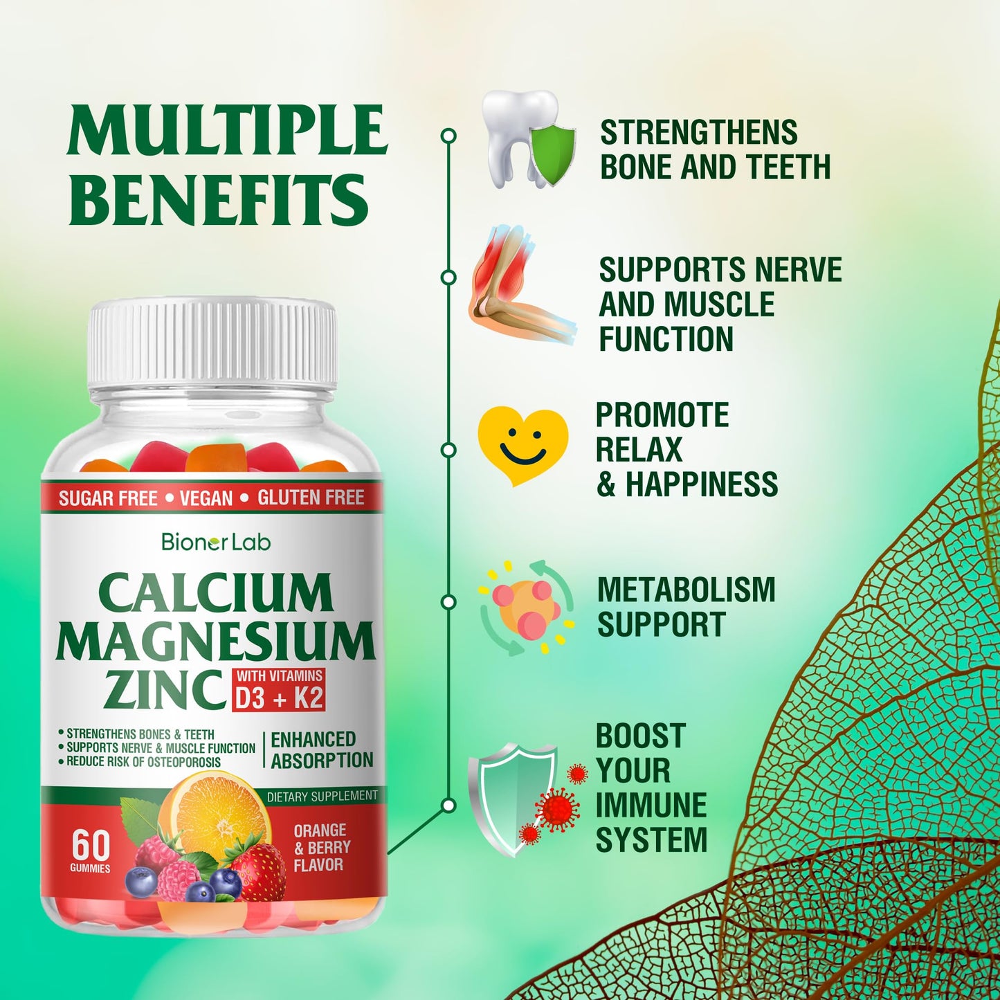 BionerLab Calcium Magnesium Zinc Gummies – Vitamin D3 & K2, High Potency