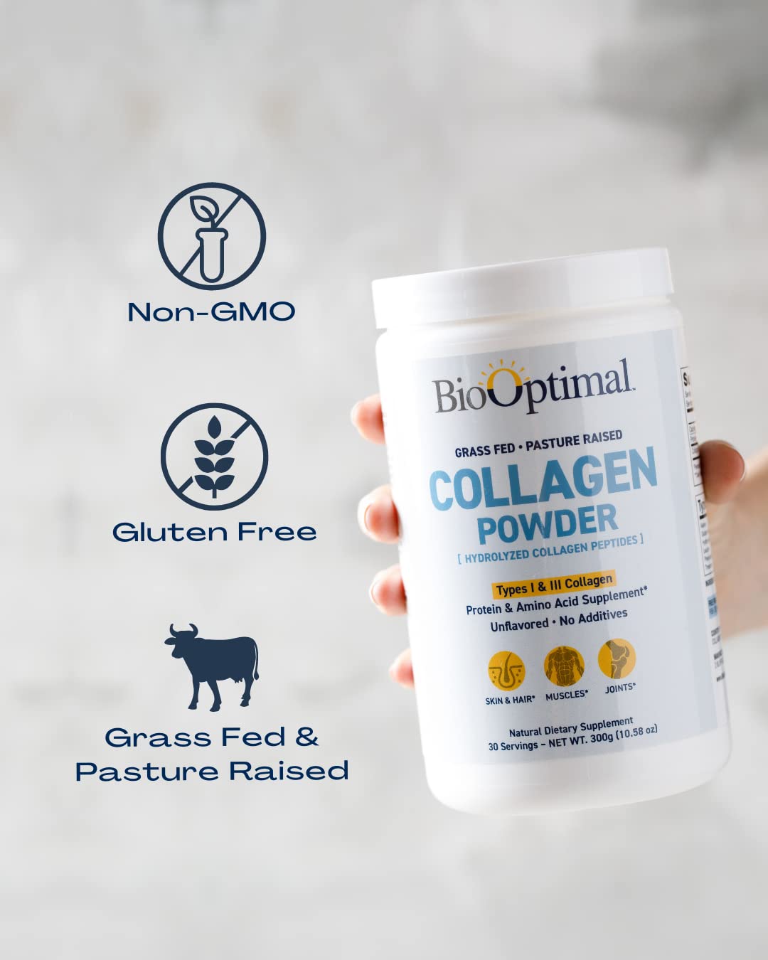 BioOptimal Collagen Peptides Powder – Grass-Fed, Pasture-Raised Hydrolyzed Protein Supplement for Skin, Hair & Nails – Non-GMO, Zero Sugar | 30 Servings
