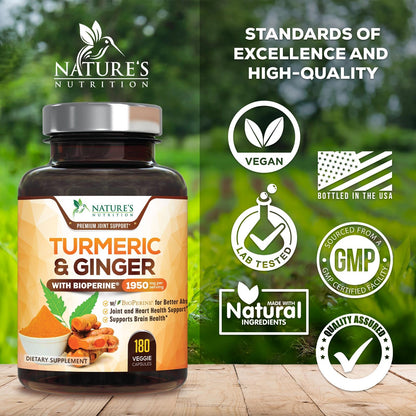 Turmeric Curcumin 1950mg with BioPerine – 95% Curcuminoids, Organic Turmeric & Ginger, 180 Capsules