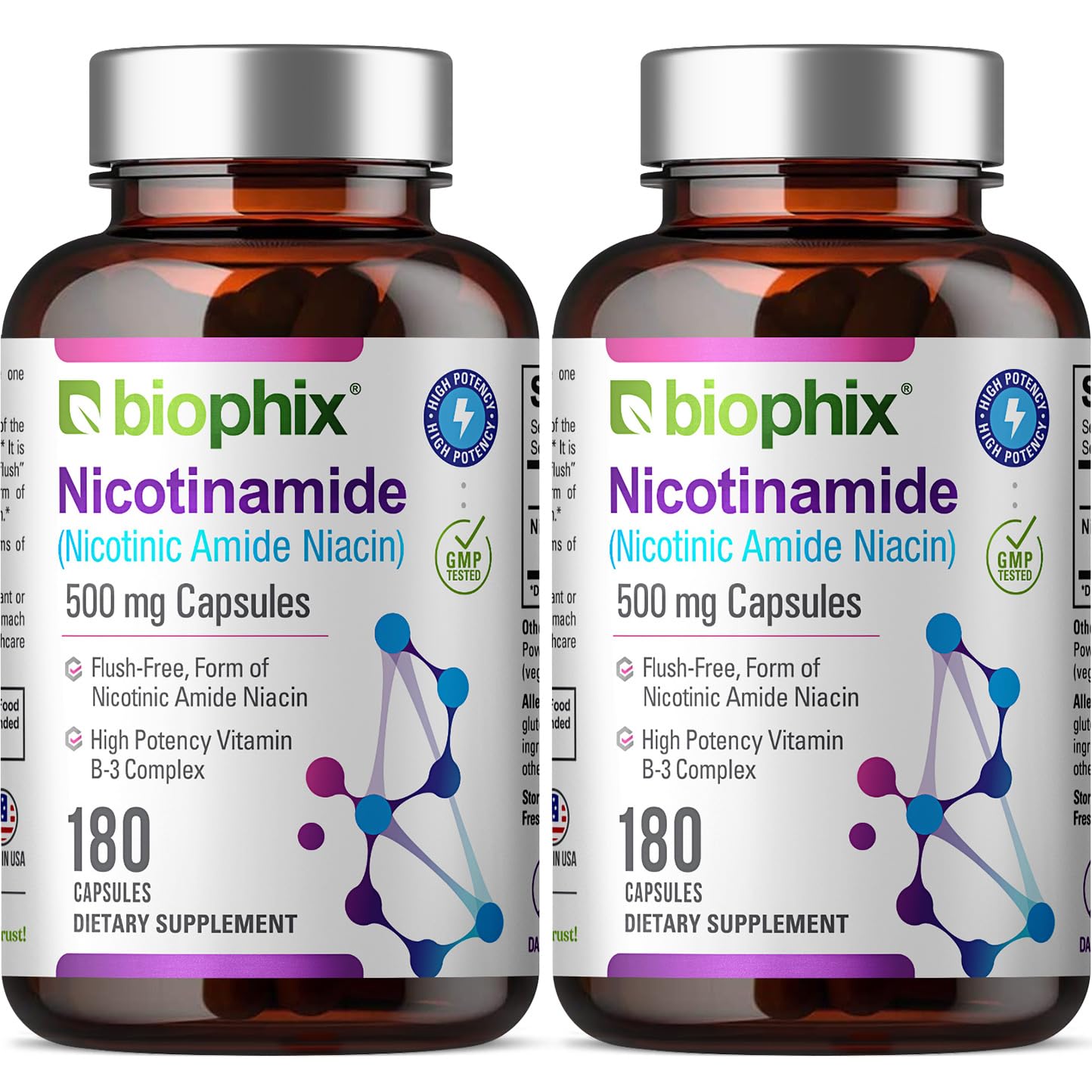 Biophix B-3 Nicotinamide 500 mg - 180 Caps (2 Pack) | Flush-Free Vitamin for Skin Health