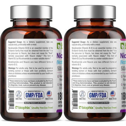 Biophix B-3 Nicotinamide 500 mg - 180 Caps (2 Pack) | Flush-Free Vitamin for Skin Health