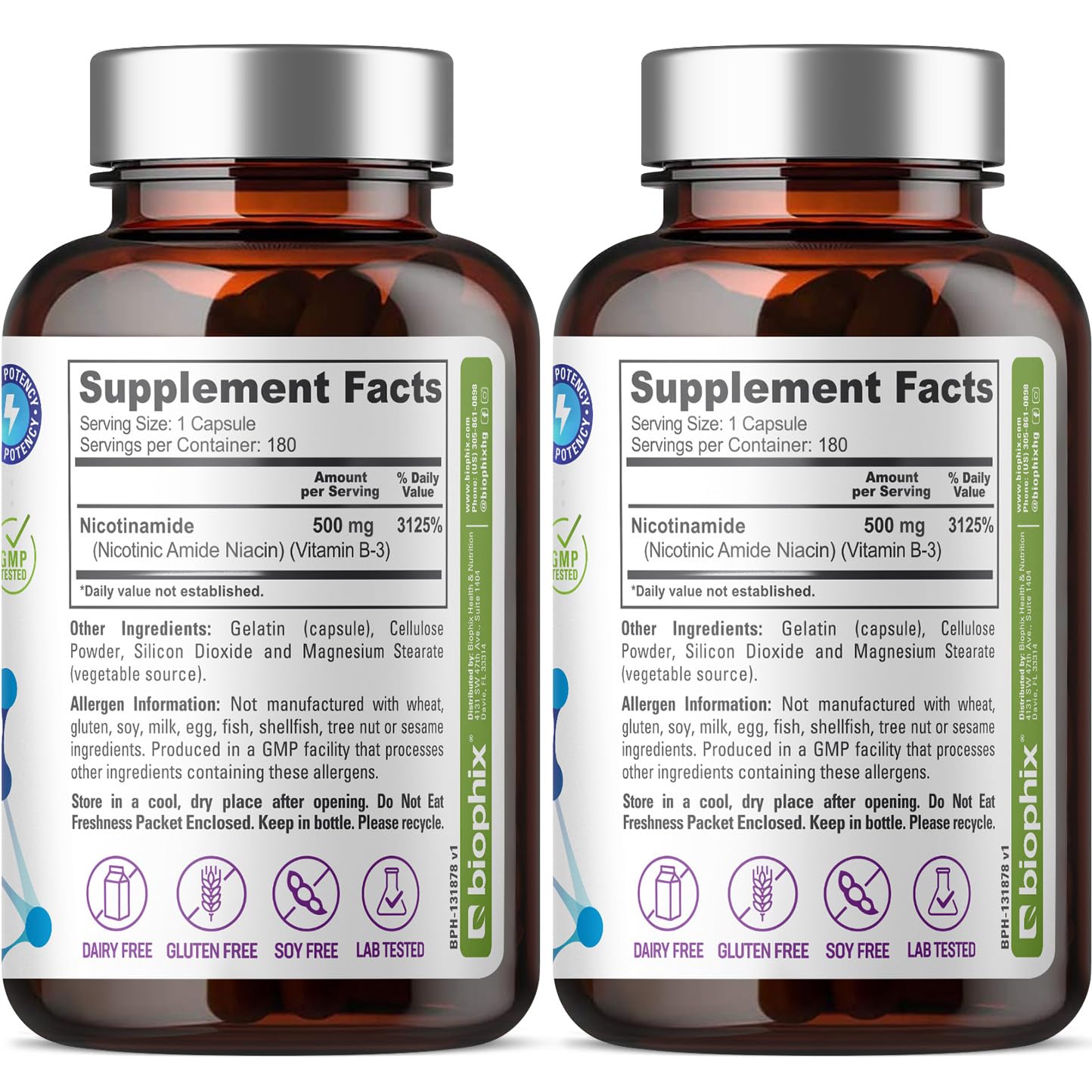 Biophix B-3 Nicotinamide 500 mg - 180 Caps (2 Pack) | Flush-Free Vitamin for Skin Health