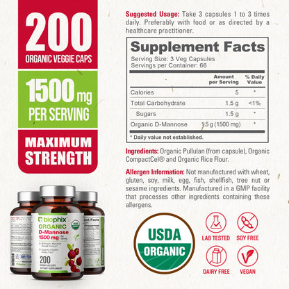 Biophix D-Mannose 1500 mg – 200 Veggie Caps | USDA Organic, Non-GMO, Vegan-Friendly
