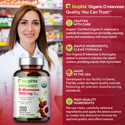 Biophix D-Mannose 1500 mg – 200 Veggie Caps | USDA Organic, Non-GMO, Vegan-Friendly