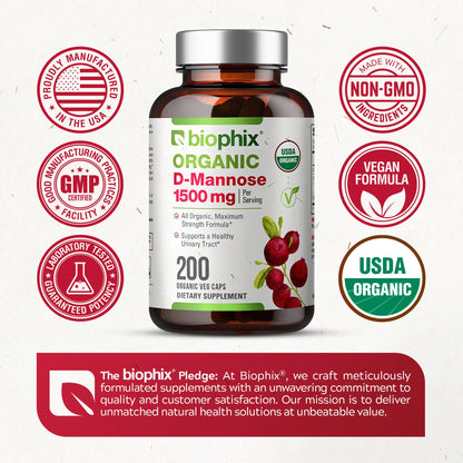 Biophix D-Mannose 1500 mg – 200 Veggie Caps | USDA Organic, Non-GMO, Vegan-Friendly