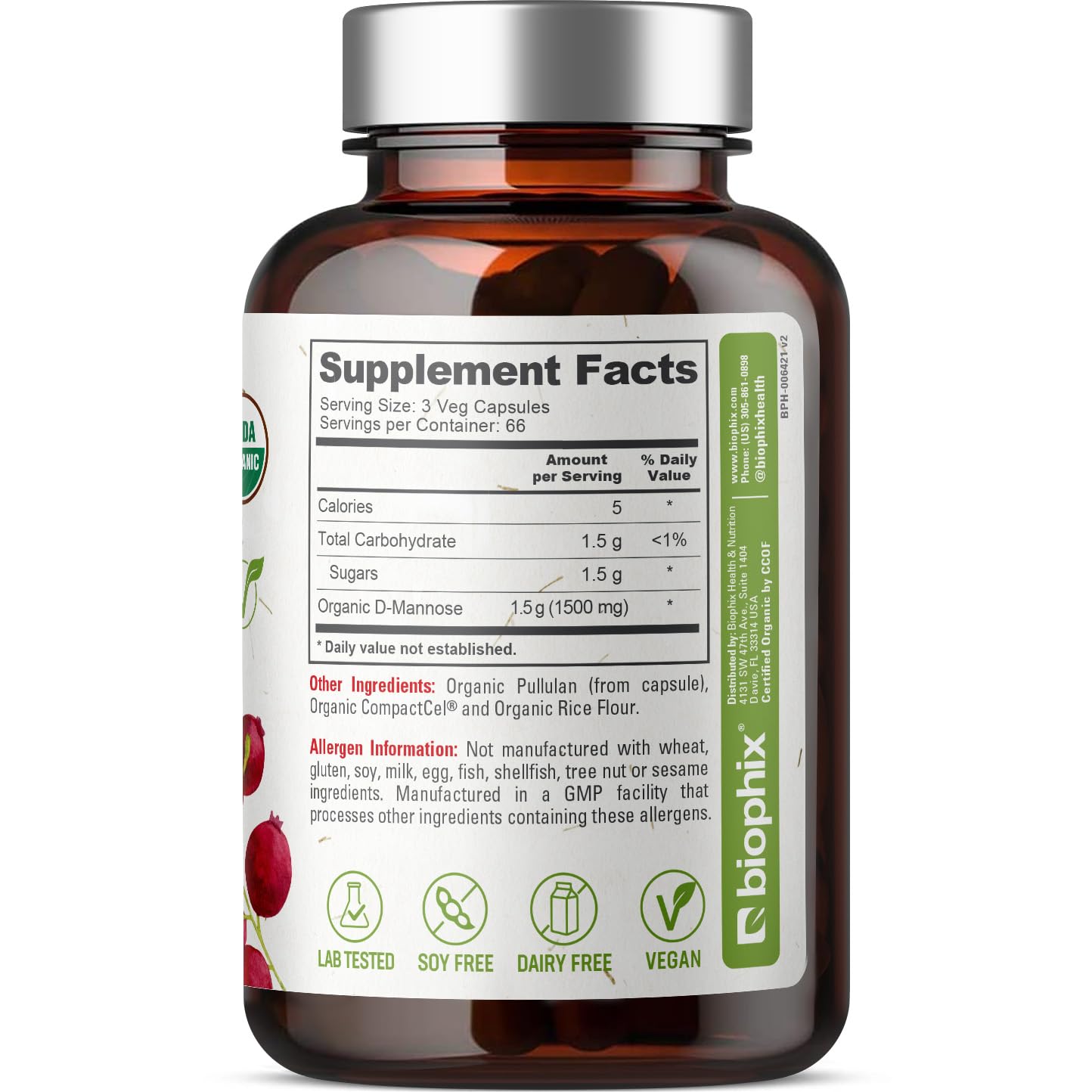 Biophix D-Mannose 1500 mg – 200 Veggie Caps | USDA Organic, Non-GMO, Vegan-Friendly