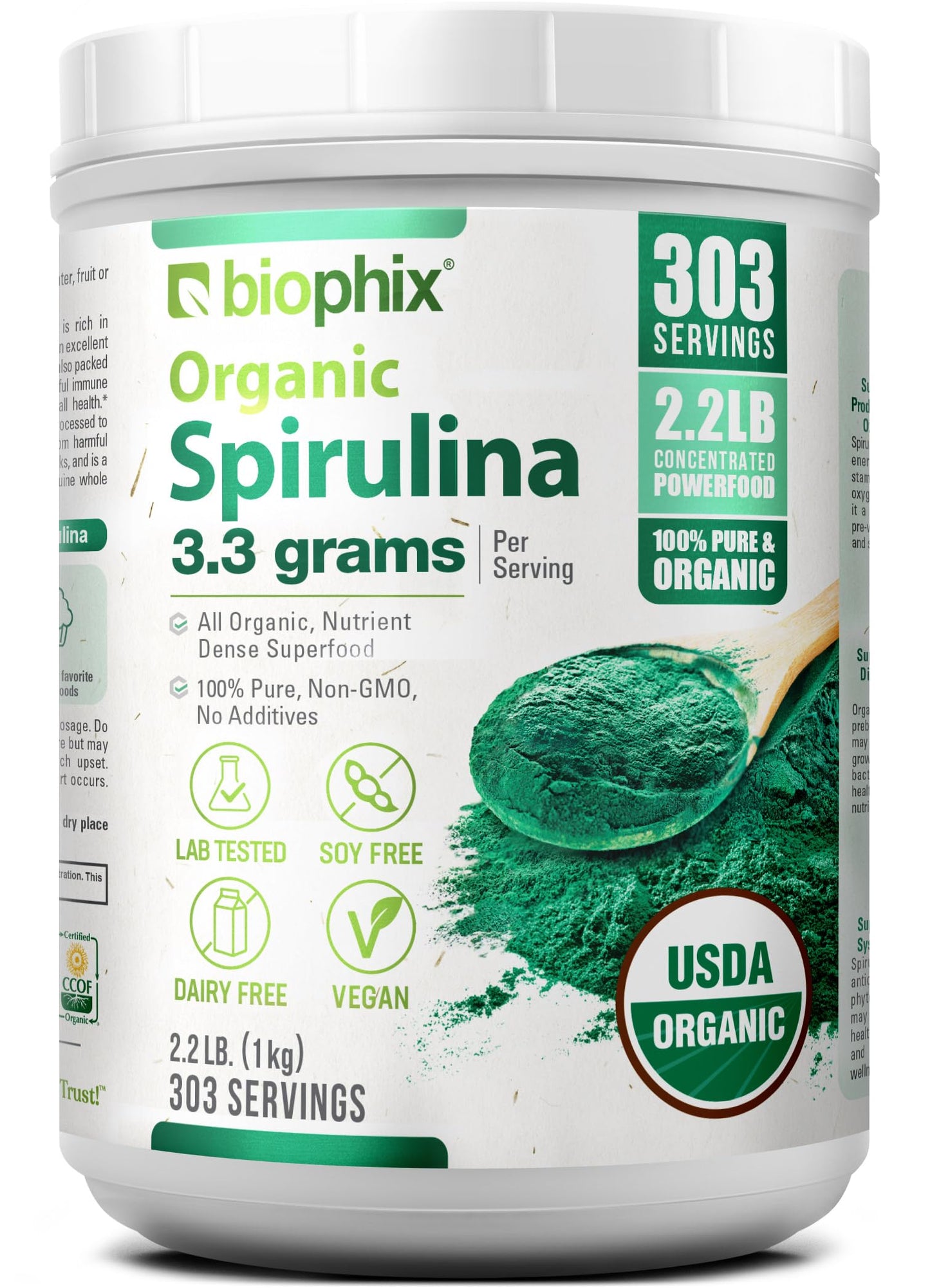 Biophix Organic Spirulina Powder - 2.2 Lbs, 100% Pure, Vegan, Non-GMO, USDA Certified