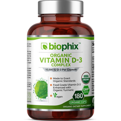 Biophix Organic Vitamin D-3 Complex 10000 IU – 180 Vcaps with Turmeric | High-Potency for Strong Bones & Immune Health