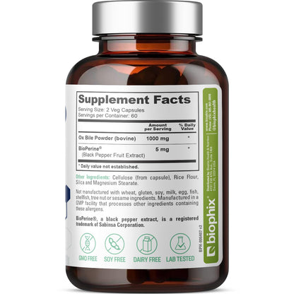 Biophix Ox Bile 1000 mg with BioPerine | 120 Veggie Capsules - Pack of 2