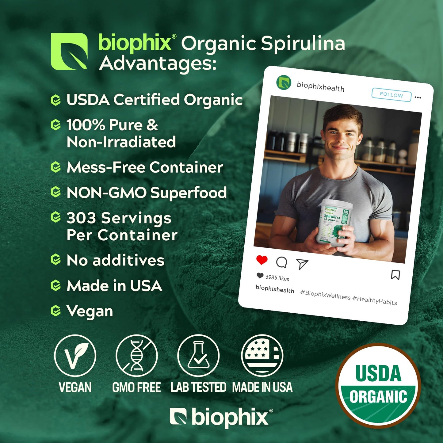 Biophix Organic Spirulina Powder - 2.2 Lbs, 100% Pure, Vegan, Non-GMO, USDA Certified