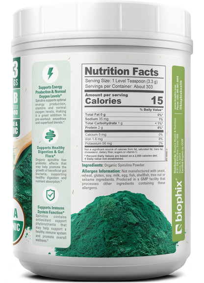 Biophix Organic Spirulina Powder - 2.2 Lbs, 100% Pure, Vegan, Non-GMO, USDA Certified