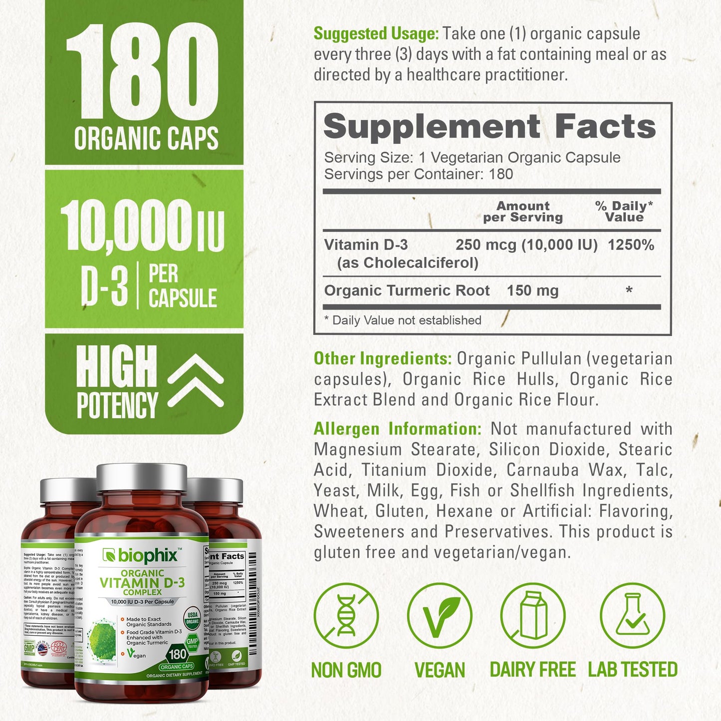 Biophix Organic Vitamin D-3 Complex 10000 IU – 180 Vcaps with Turmeric | High-Potency for Strong Bones & Immune Health