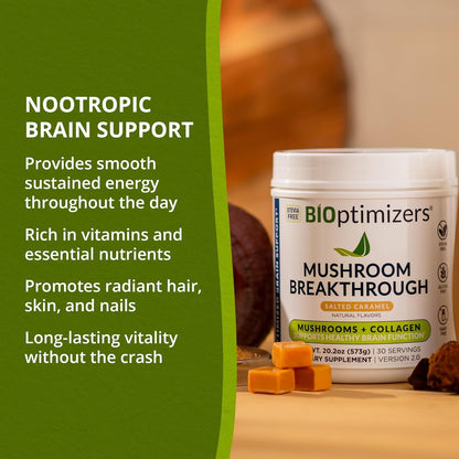 BIOptimizers Mushroom Coffee Alternative – Salted Caramel with Lion's Mane, Chaga, Reishi + Collagen & MCT (15 Servings)
