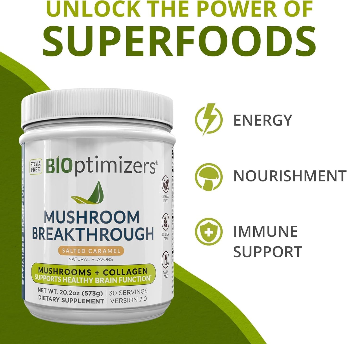 BIOptimizers Mushroom Coffee Alternative – Salted Caramel with Lion's Mane, Chaga, Reishi + Collagen & MCT (15 Servings)