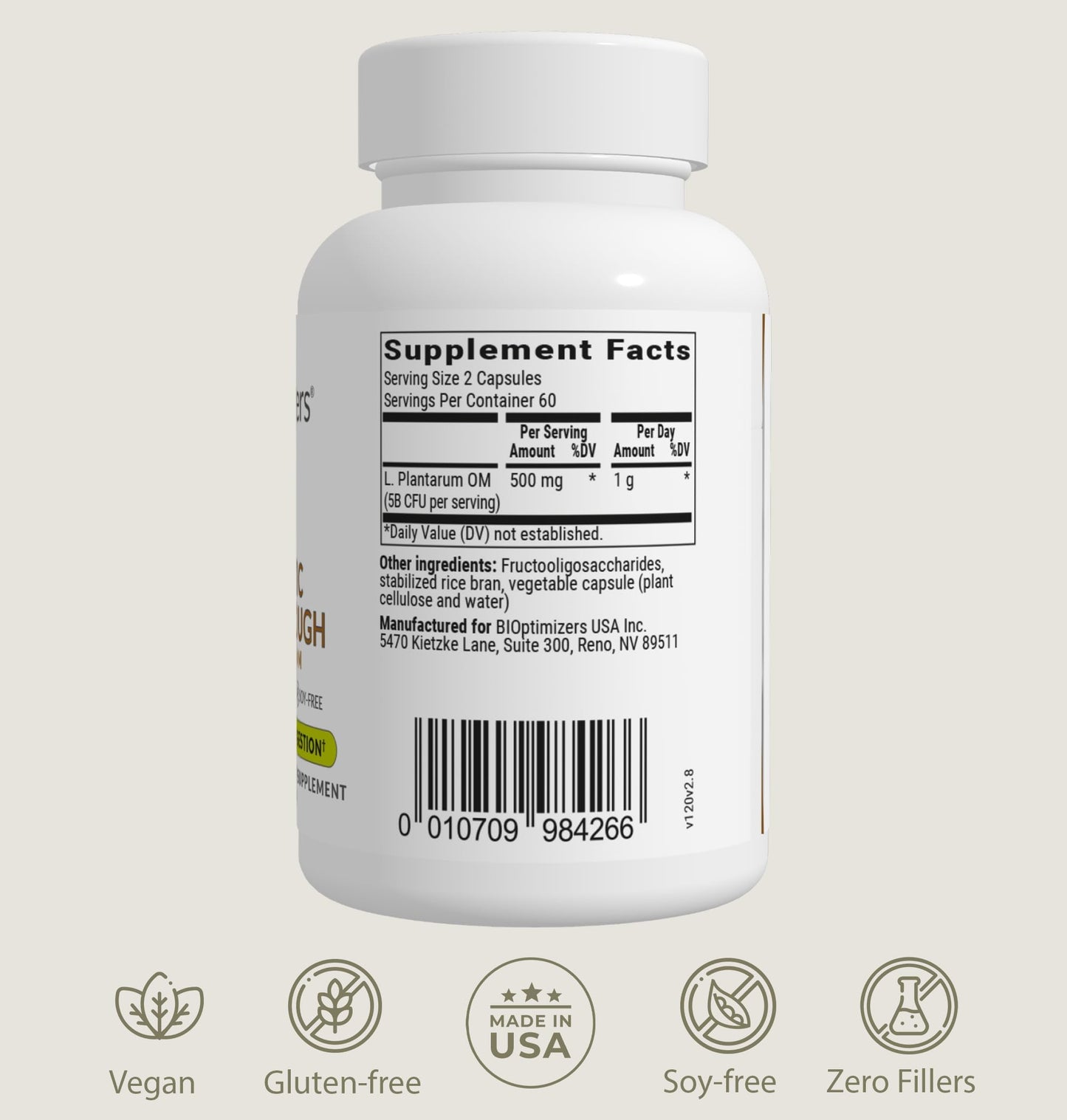BIOptimizers Probiotic Breakthrough – Lactobacillus Plantarum OM Probiotics & Prebiotics for Gut Health, Digestion & Immunity – 120 Vegan Capsules