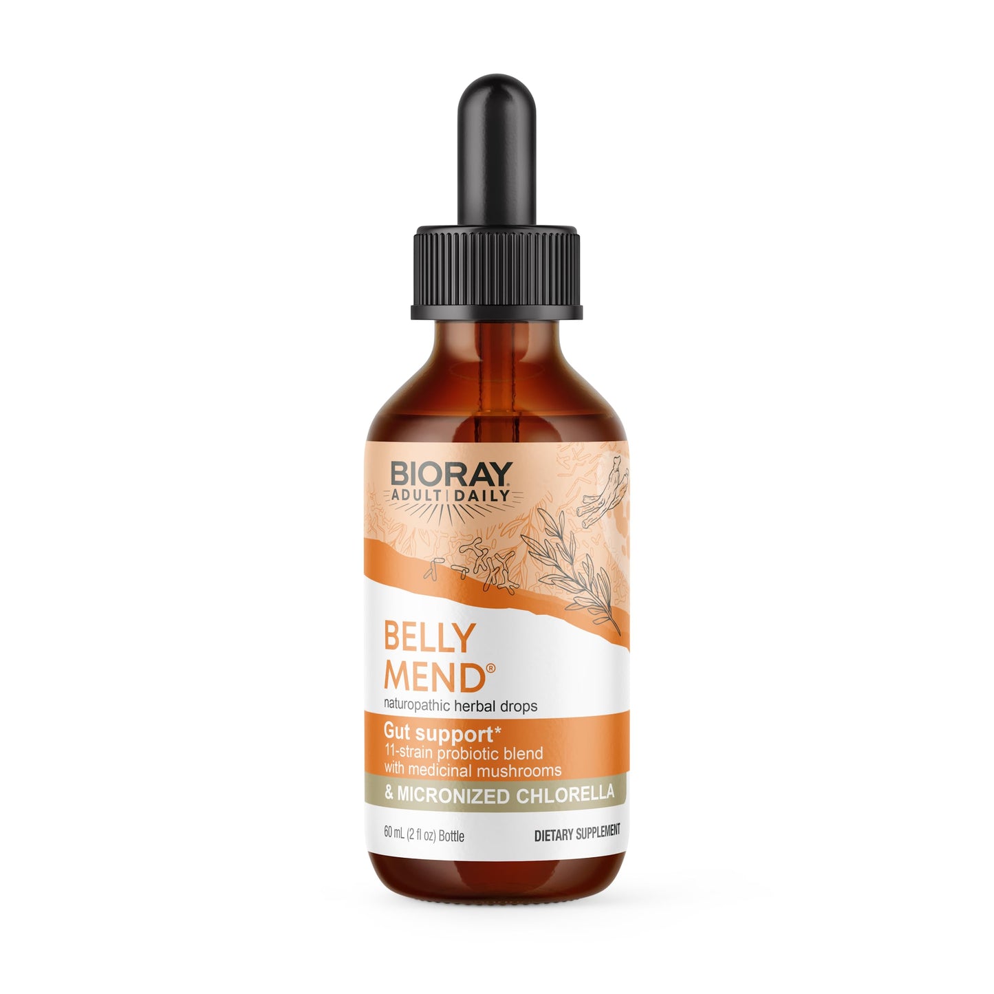 BIORAY Daily Belly Mend - 2 fl oz | 11-Strain Probiotic + Medicinal Mushrooms
