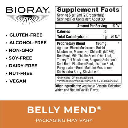 BIORAY Daily Belly Mend - 2 fl oz | 11-Strain Probiotic + Medicinal Mushrooms