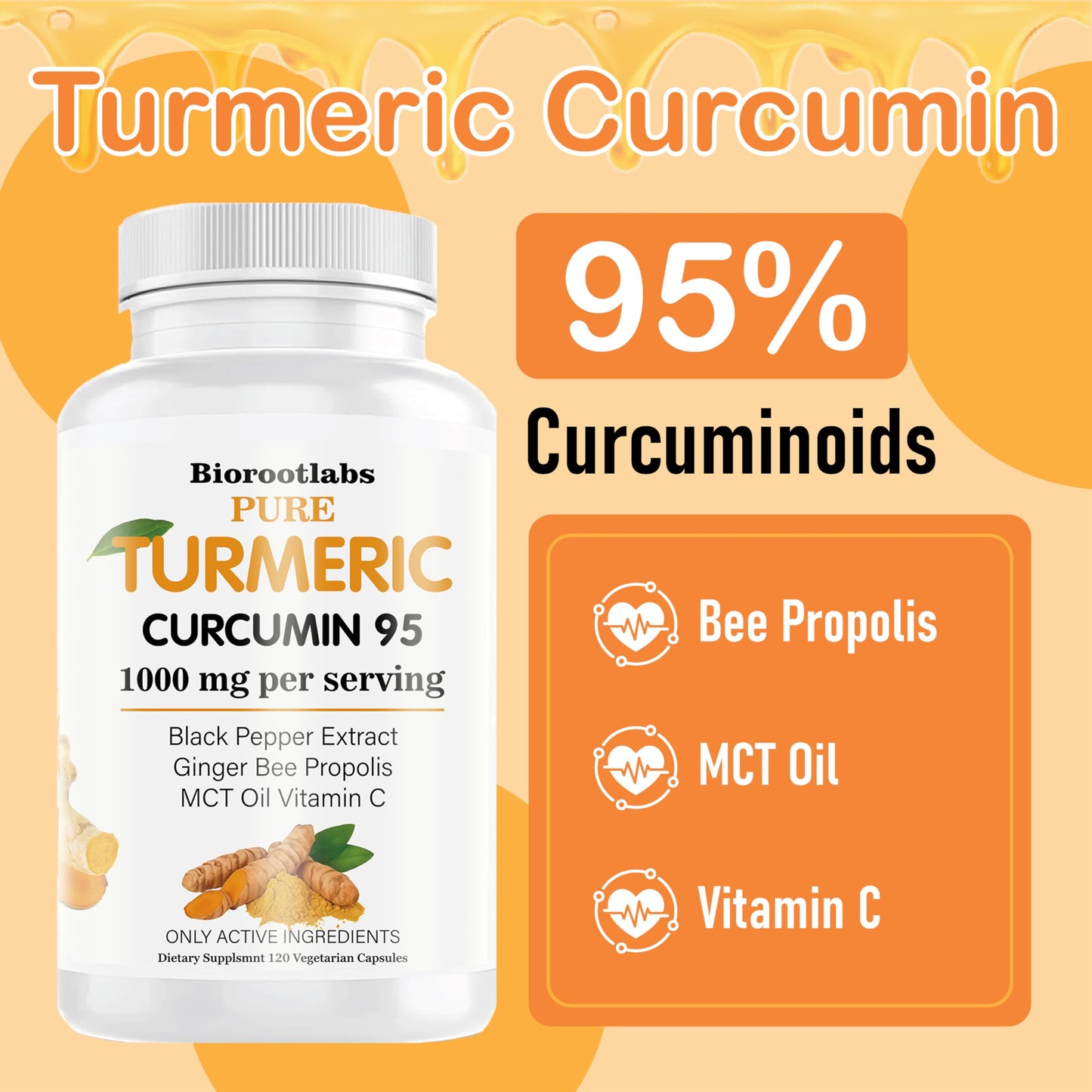 Biorootlabs Turmeric Curcumin | Pure Turmeric Curcumin Supplement 1000mg | 95% Curcuminoids with Bee Propolis, Ginger, MCT Oil, Fat Soluble Vitamin C, & Black Pepper 120 Capsules