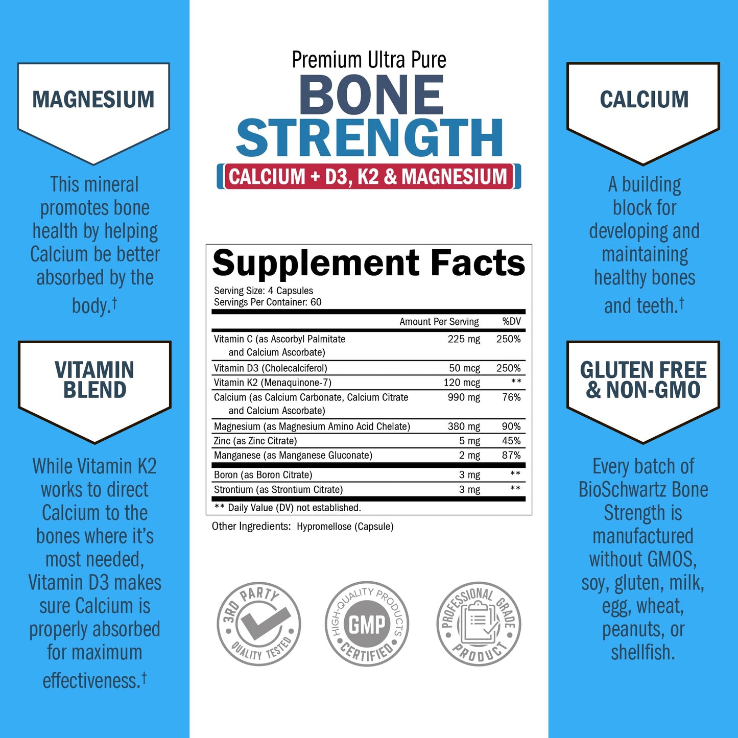 BioSchwartz Bone Strength – Gentle 9-in-1 Calcium Mg Zn D3 K2 for Women & Men