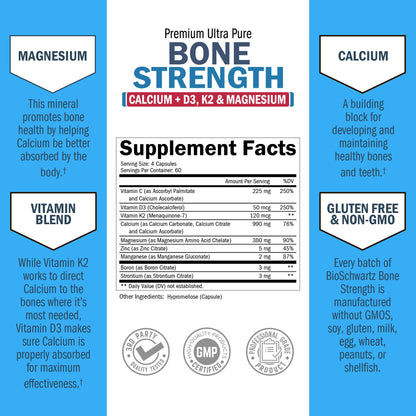 BioSchwartz Bone Strength – Gentle 9-in-1 Calcium Mg Zn D3 K2 for Women & Men