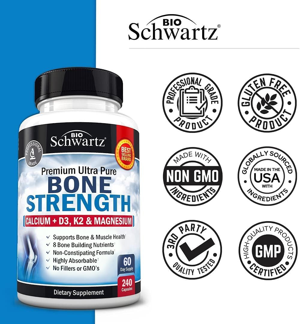 BioSchwartz Bone Strength – Gentle 9-in-1 Calcium Mg Zn D3 K2 for Women & Men