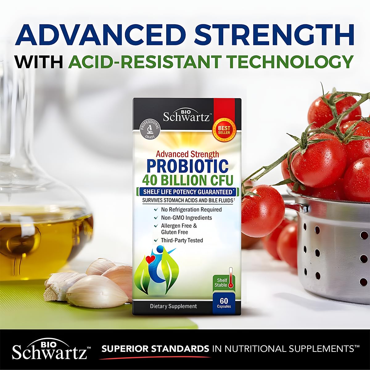 BioSchwartz Daily Probiotic - 40 Billion CFU for Gut Health with Astragalus - Shelf-Stable 60 Count