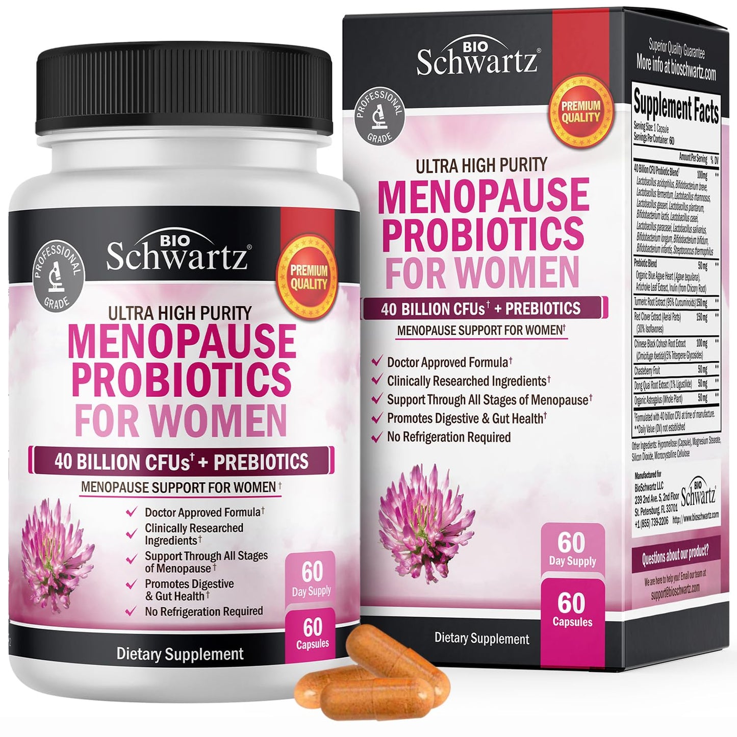 BioSchwartz Menopause Probiotics – 40B CFU, 60 Capsules, Non-GMO | Supports Balance & Comfort