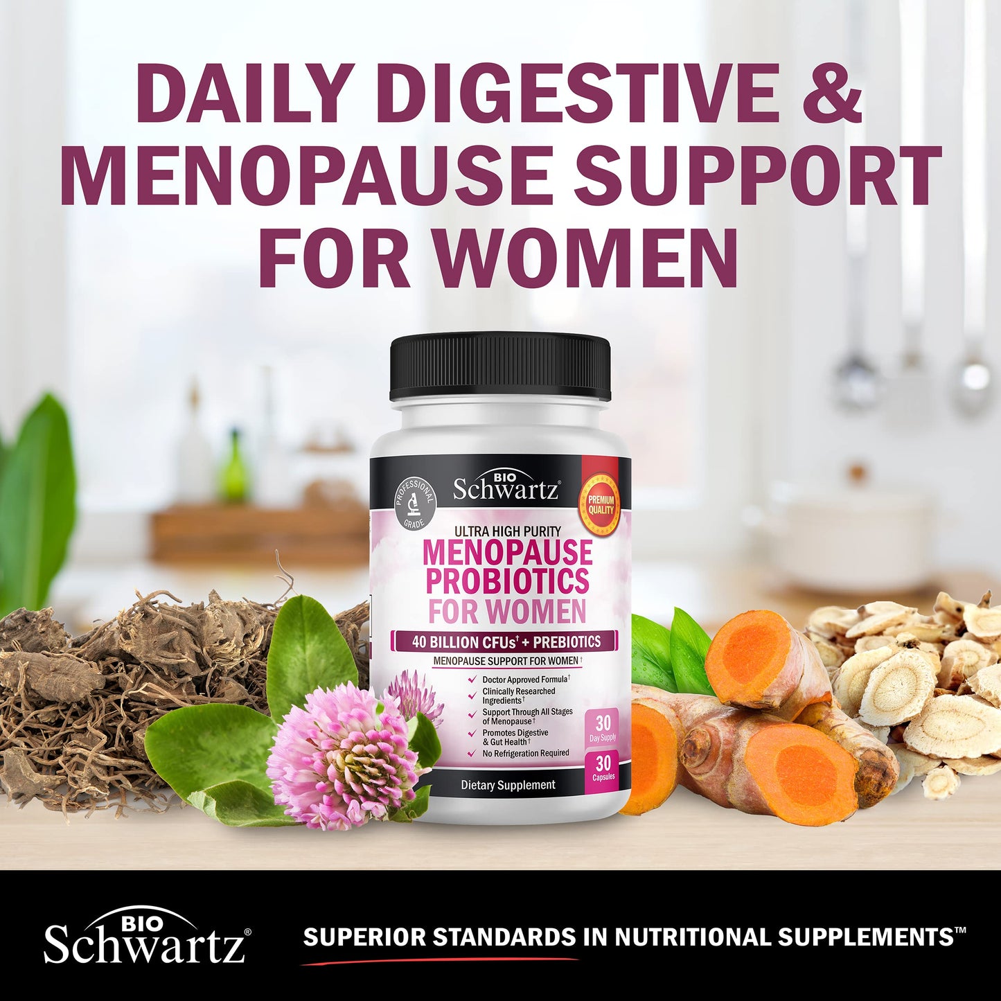 BioSchwartz Menopause Probiotics - 40 Billion CFU for Women | 30 Servings, Non-GMO