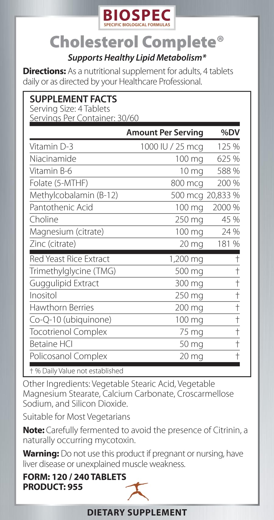 BIOSPEC NUTRITIONALS Cholesterol Complete - Natural Cholesterol & Heart Health Support (Red Yeast Rice, CO-Q-10, Hawthorn, Magnesium) 240 Tablets