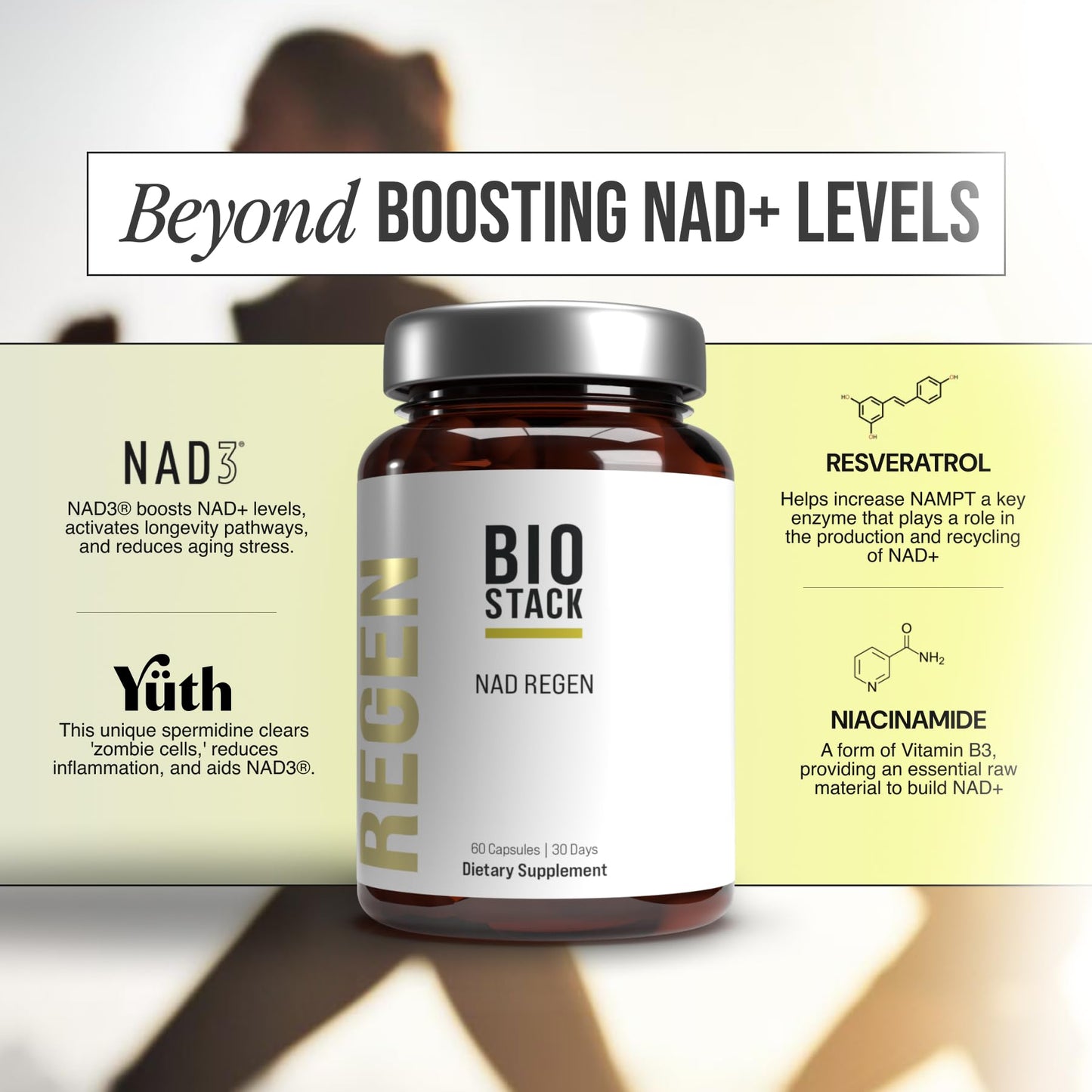BIOSTACK NAD Regen (30 Days) – NAD+ Booster with NAD3, Yüth Spermidine, Resveratrol & Niacinamide | Anti-Aging & Longevity