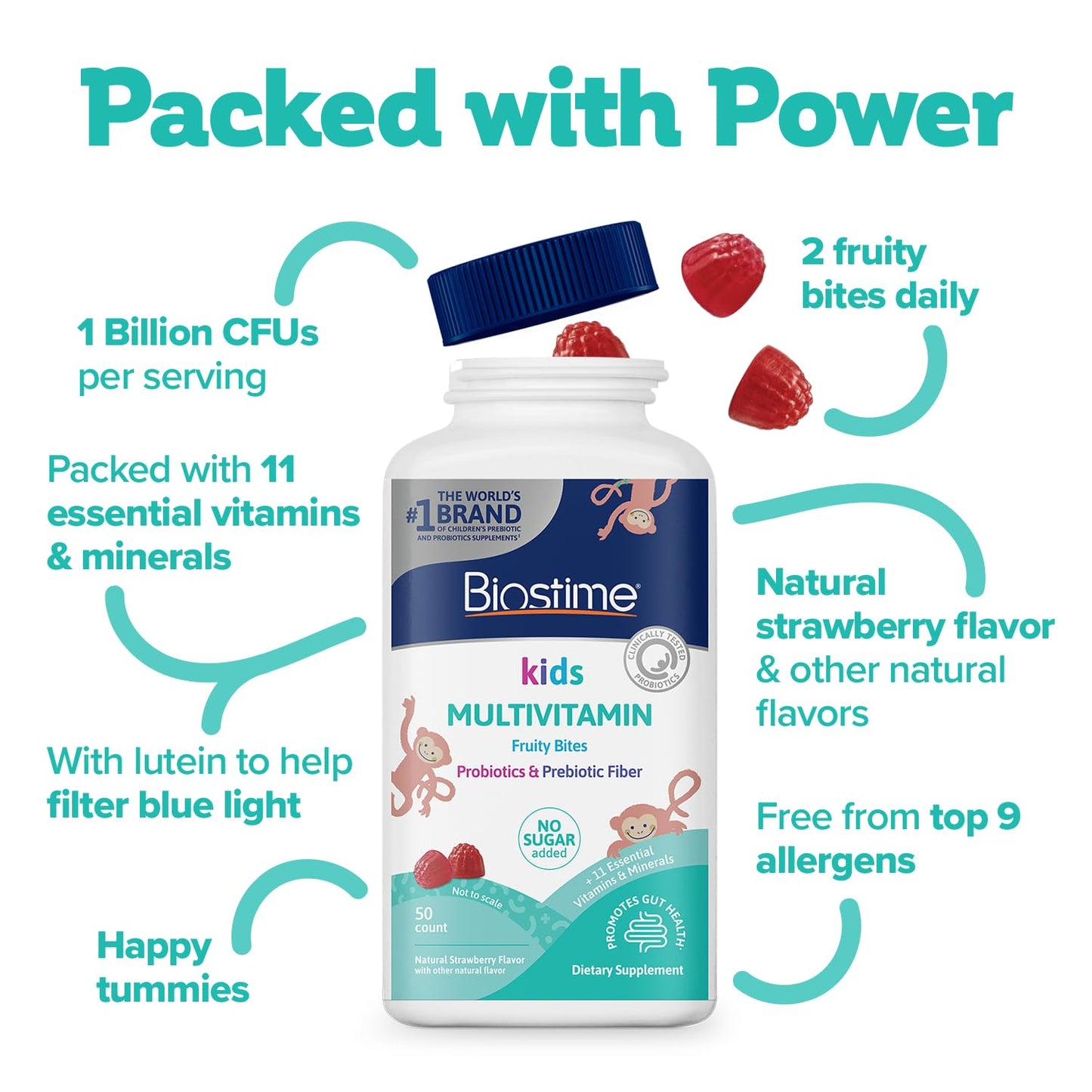 Biostime Kids Multivitamin Gummies with Probiotics & 11 Essential Vitamins (Ages 4+) – No Added Sugar, Free from Top 9 Allergens, 50 Count