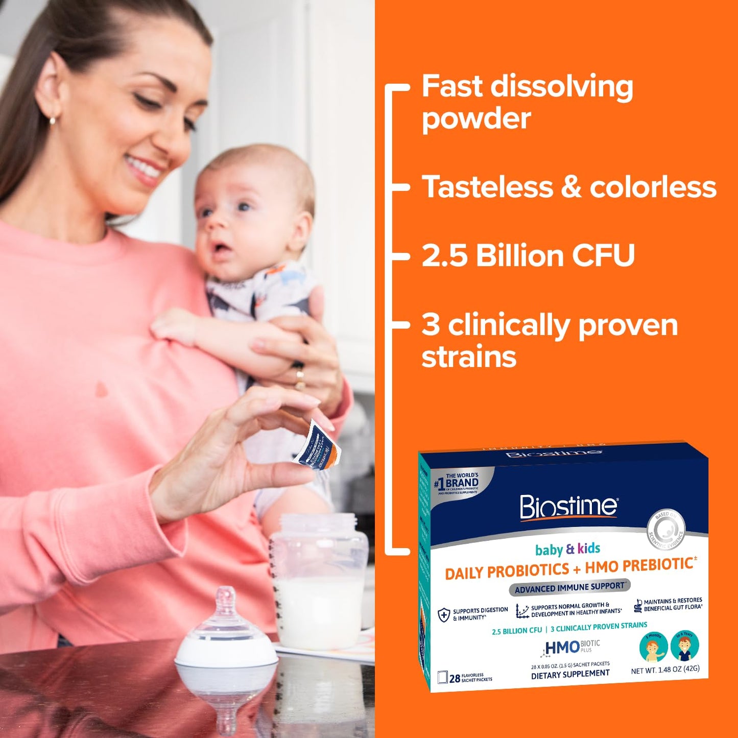 Biostime Baby Probiotic for Kids with HMO & Prebiotic Fiber – Immune Support & Digestion – 28 Powder Packets