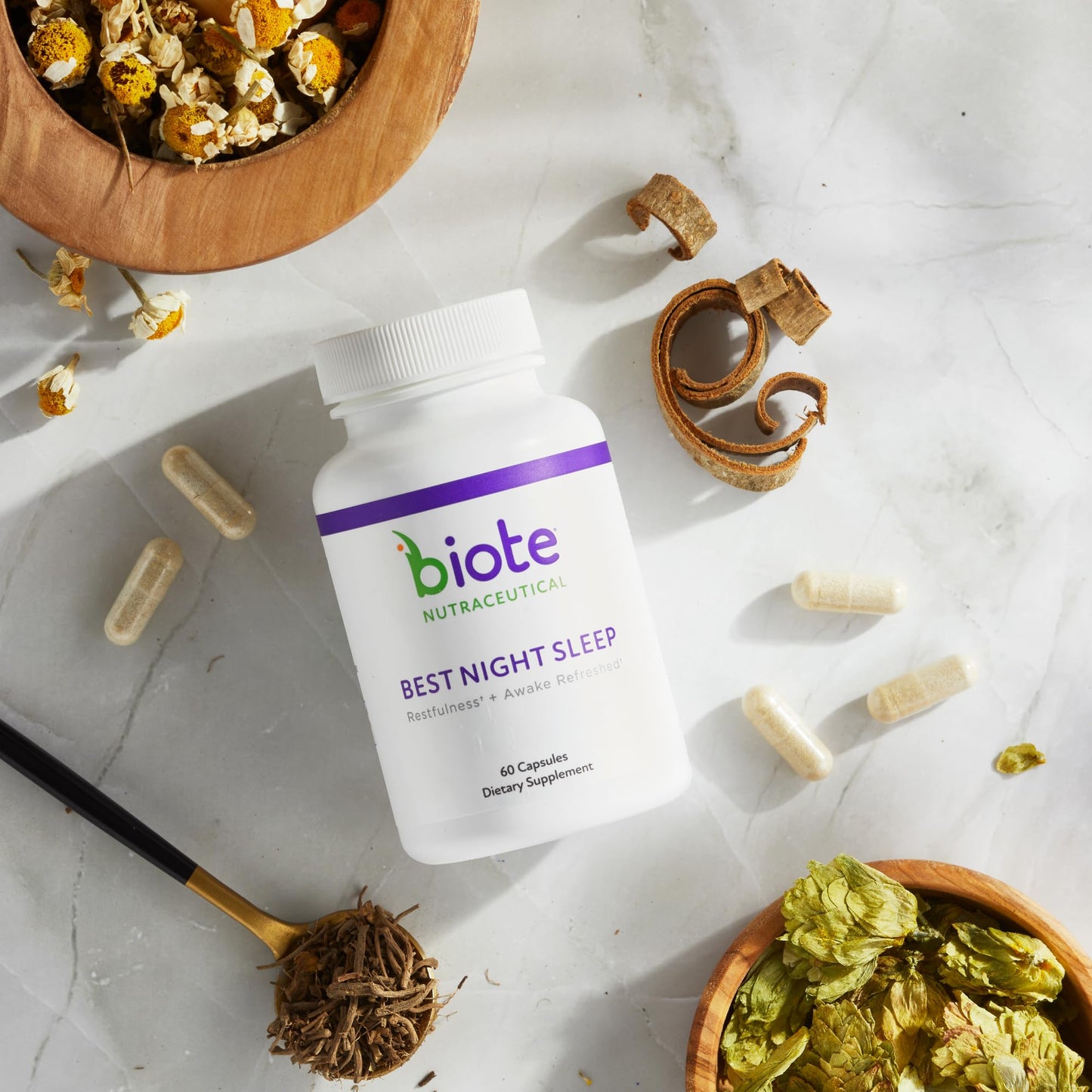 Biote Nutraceuticals Best Night's Sleep - Restfulness and Awake Refreshed (60 Capsules)