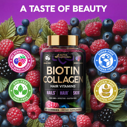Biotin Gummies with Collagen - Hair, Skin & Nails | Sugar-Free, Mixed Berry, Pack of 2