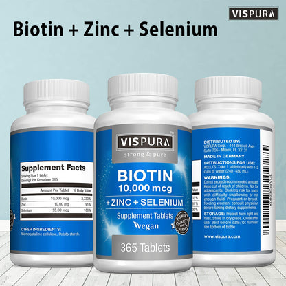 Biotin 10000 mcg + Zinc + Selenium – Vegan Hair, Skin & Nails Supplement | 365 Tablets
