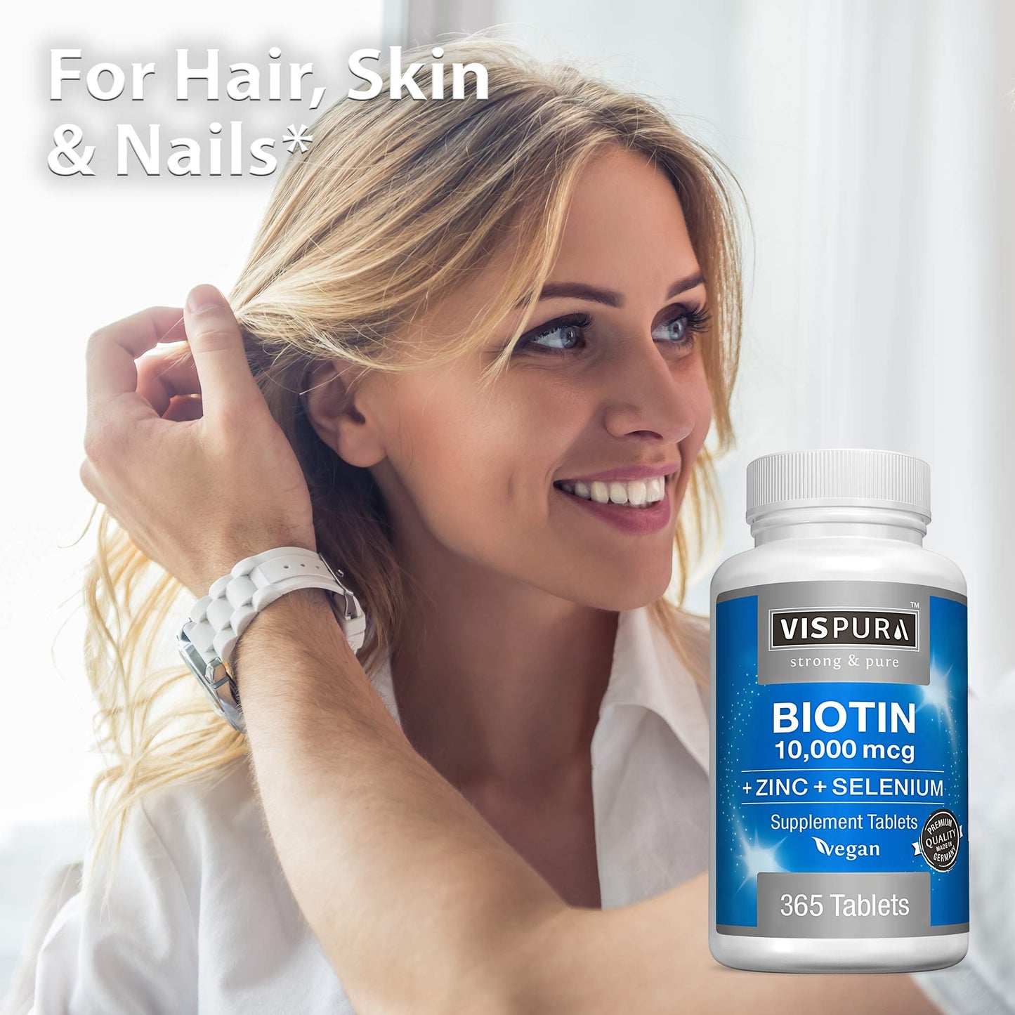 Biotin 10000 mcg + Zinc + Selenium – Vegan Hair, Skin & Nails Supplement | 365 Tablets