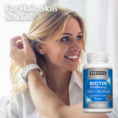 Biotin 10000 mcg + Zinc + Selenium – Vegan Hair, Skin & Nails Supplement | 365 Tablets